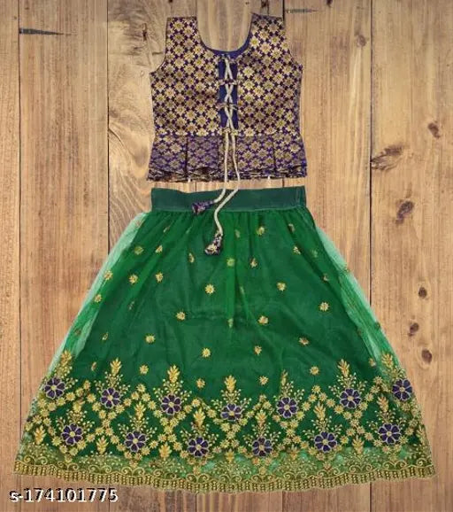 Kids net readymade lehenga choli, sleeveless top with embroidered stitch type, 2-14 years sizes, Indian traditional outfit on model