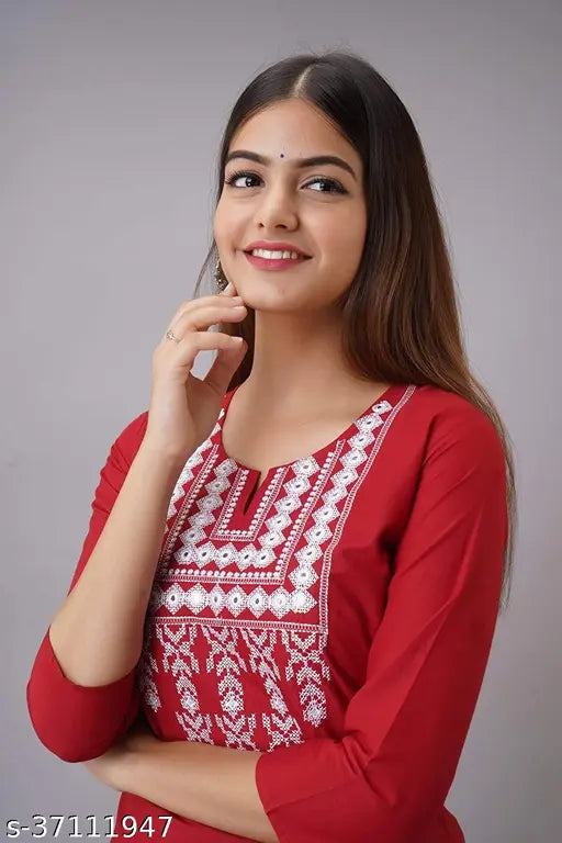 Red rayon embroidery kurta with three-quarter sleeves, intricate Indian design. M size (bust 38", length 42")
