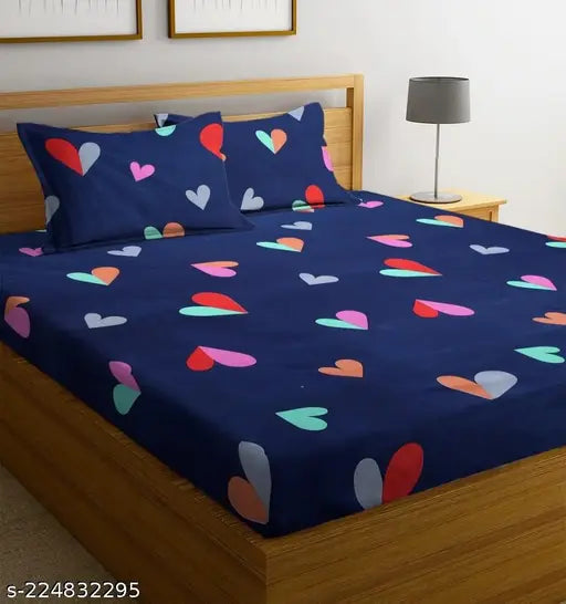 Navy Blue Premium Cotton Elastic Fitted Double Bed Sheets with 2 Pillow Covers - Super Soft 250TC for 78x72+10 Mattress