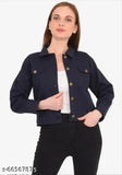 Trendy denim full-sleeve cotton jacket, solid design for women or girls, size S (Bust 34in, Length 18in), made in India