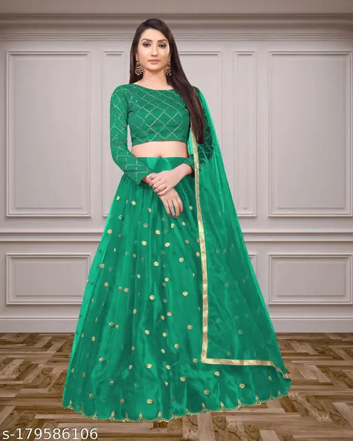 Embroidered satin lehenga choli set, semi-stitched net dupatta for party wear or wedding festive events, 42 inch length with alterable waist up to 42 inches, Indian origin