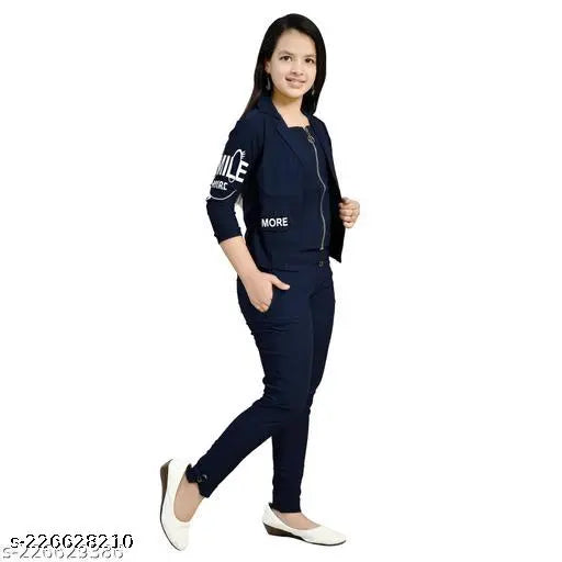 Navy blue cotton blend girl's dress (ages 1-16), three-quarter sleeves, solid pattern, includes matching jacket and pant, trendy partywear fashion for girls, Indian origin