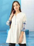 Natural Fashion white rayon embroidered net mandarin collar empire top, three-quarter sleeves on model