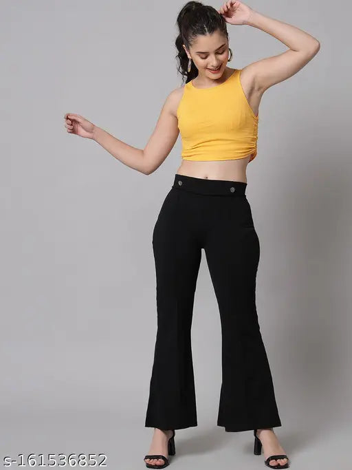 Stylish scuba fabric trouser with show buttons, solid navy Lycra stretch pants from Adore Wear