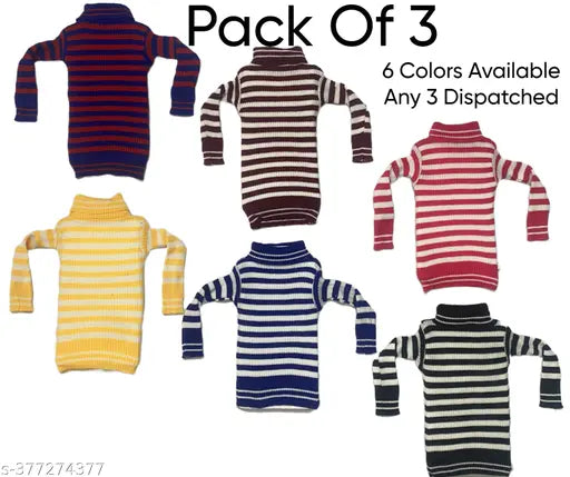 Multicolor woolen lining highneck kids pack of 3 - Striped long sleeve wool jumpers, 9-12M, 12-18M, 18-24M, India