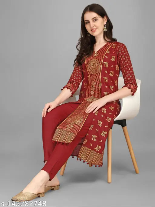 Maroon cotton blend kurta set with palazzos, gold and pigment printed, three-quarter sleeves for party wear, festival wear, or traditional events