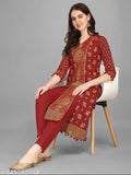 Maroon cotton blend kurta set with palazzos, gold and pigment printed, three-quarter sleeves for party wear, festival wear, or traditional events