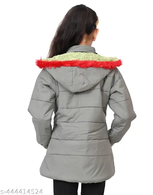Red and black hooded girls jacket with a fur lining