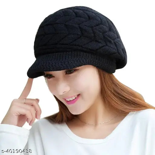 Black woollen beanie cap, soft texture, warm fabric