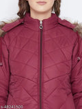 Maroon polyester full-sleeve parka jacket, Vero Amore women's winter wear. Solid pattern, detachable faux fur hood, quilted with high-quality polyfill fiber. Three pockets: one inside, two outside