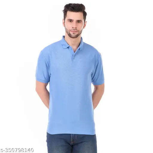 Light blue cotton blend solid collar t-shirt for men, short sleeves, made in India