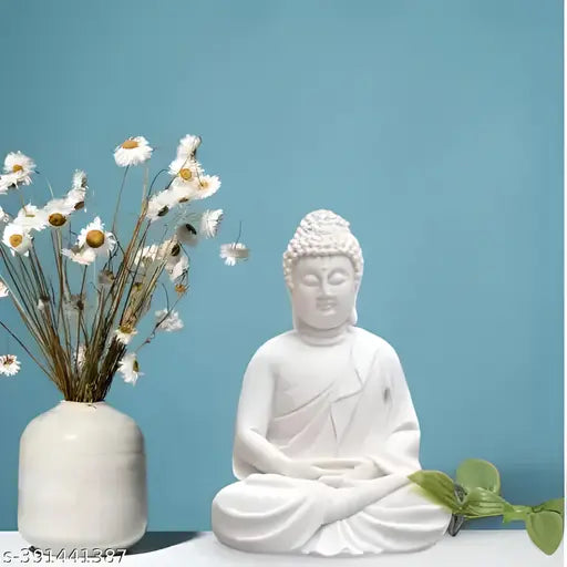 White resin Buddha statuette, Meditation Dhyan Lord figurine decorative Fengshui showpiece (5.5-inch)