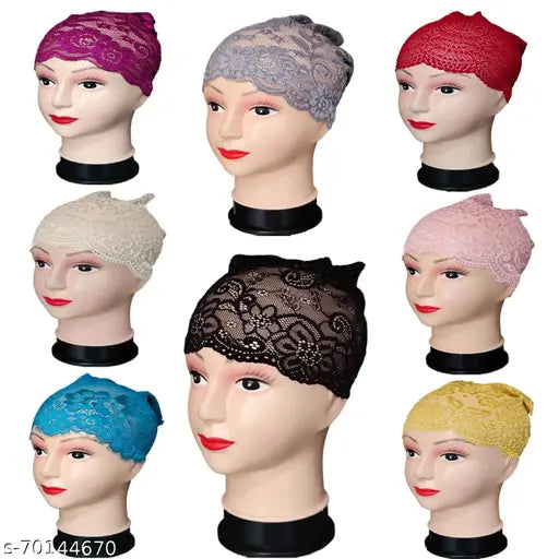 A collection of eight women's trendy hijab caps in various colors, adorned with lace and ribbon designs