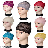 A collection of eight women's trendy hijab caps in various colors, adorned with lace and ribbon designs