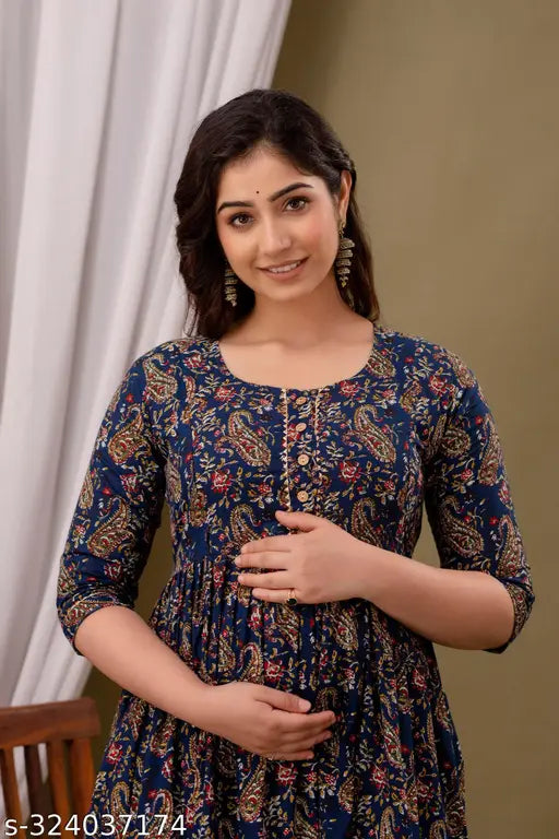 Cotton Cambric printed maternity tie-up belt gown with three-quarter sleeves, suitable for pre and post pregnancy. Maternity long kurti gown on mannequin
