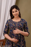 Cotton Cambric printed maternity tie-up belt gown with three-quarter sleeves, suitable for pre and post pregnancy. Maternity long kurti gown on mannequin