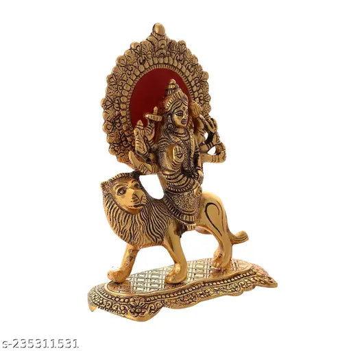 Metal Durga Maa Sherawali idol, 17x7.25x22 cm, gold-plated with antique finish, perfect for home, temple, office, or gifting