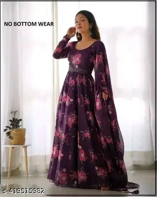 Trendy modern georgette gown with three-quarter sleeves, printed pattern, available in XS - XXXXL sizes, origin India