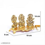Gold-plated Laxmi Ganesh Saraswati Idol Set, traditional Indian temple decor with diya (14 cm height)
