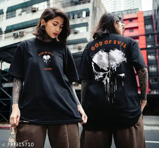Black trendy feminine round neck oversized graphic t-shirt. Plus size also available