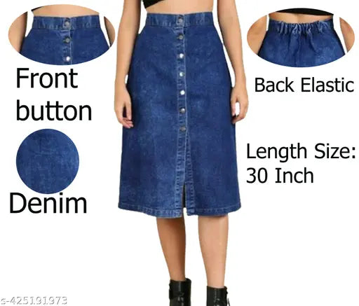 Blue denim skirt, front button closure, 27 inch length