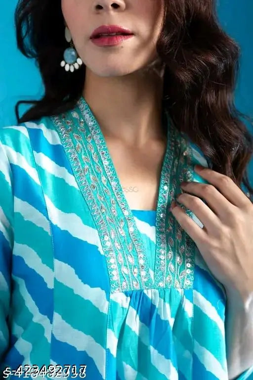 Blue Leheriya Printed VNeck Rayon Anarkali Kurta with Palazzo Set - Stylish Indian ethnic wear for women