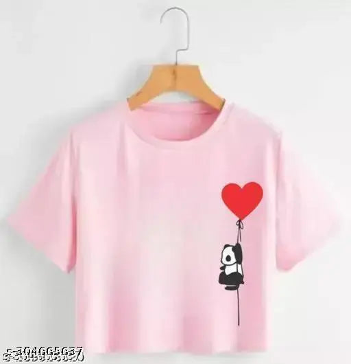 Deepmayra women's panda print crop top, 100% cotton, short sleeves, round neck, summer wear