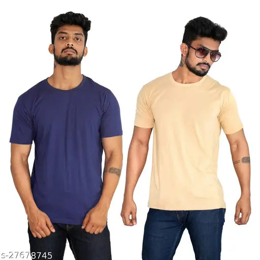 Stylish navy blue & beige men's t-shirts: 2-piece fitted cotton/jersey set, short sleeves, solid colors, sizes S-XXXXL (India)