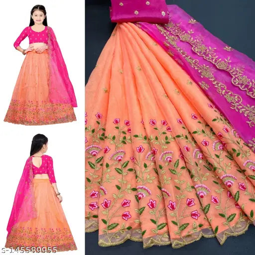Embroidered semi-stitch net lehenga choli kids in dupion silk and net fabric, Indian traditional outfit with cut work border for ages 8-12 years