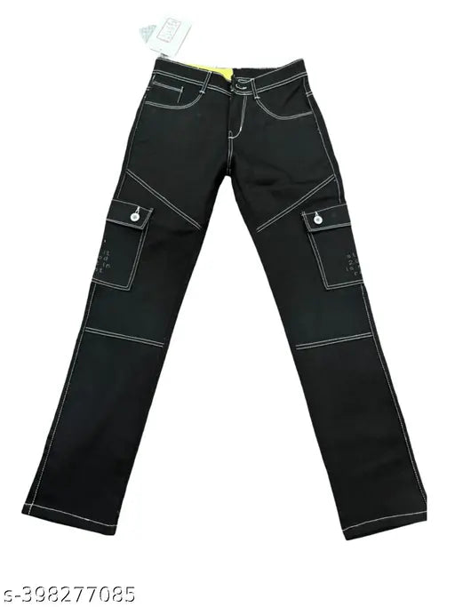 Black cotton-blend cargo six-pocket denim jeans, offering a relaxed fit and durable fabric for laid-back style. Designed with a regular fit, these full-length jeans are perfect for casual wear with a T-shirt and sneakers. Machine washable and suitable for all sizes from 28 (30 waist, 40 length) to 34 (36 waist, 40 length). Origin: India