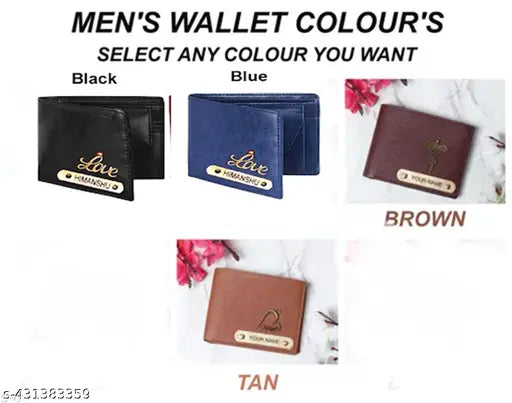 Brown faux leather personalized wallet for men, customizable with name and charm design details available on WhatsApp NoYTR05