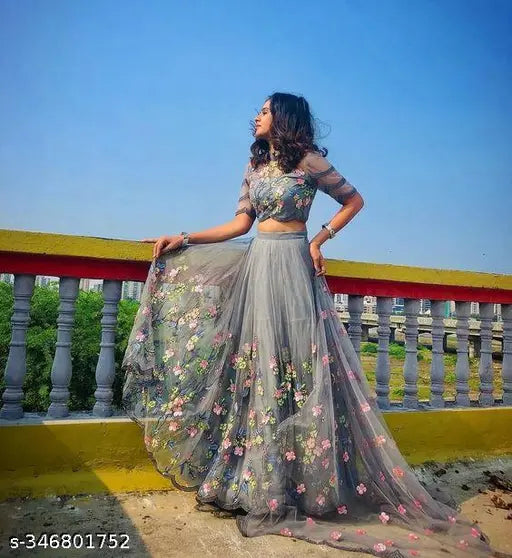 Embroidered net satin lehenga choli for girls, Indian ethnic wear in attractive colors