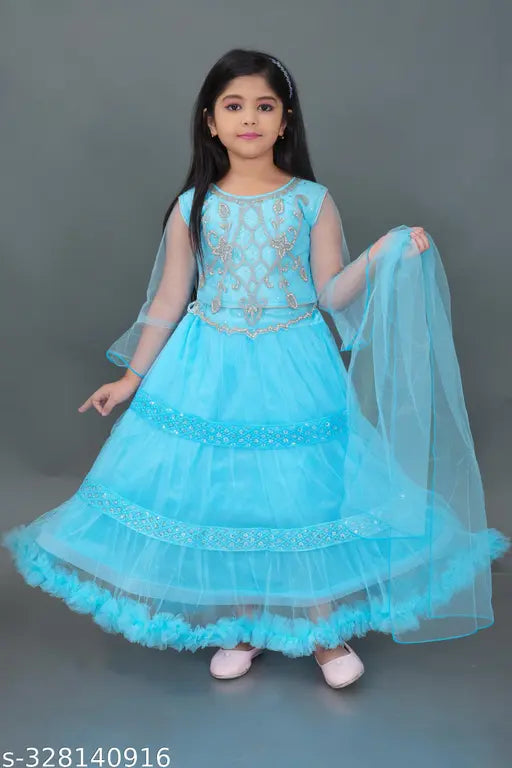 Golden art silk Lehenga Choli with Aari work and long sleeves, perfect festival wear for girls aged 6-7 years