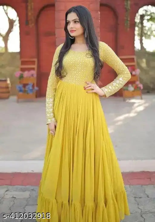 Embroidered Georgette Anarkali gown, long sleeves, full flare design, Indian wedding dress