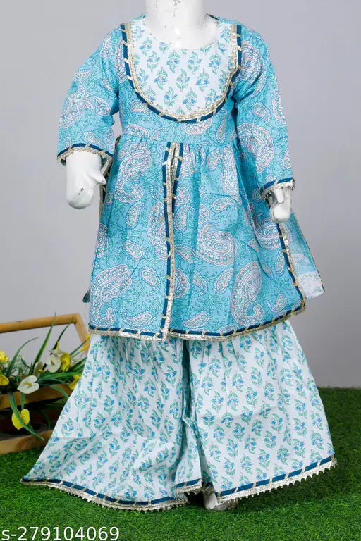 Blue cotton Spack Jerrow floral printed kurti sharara set for baby girls with elastic. Ethnic Indian attire for festivals like Diwali, Rakhi, and Janmashtami