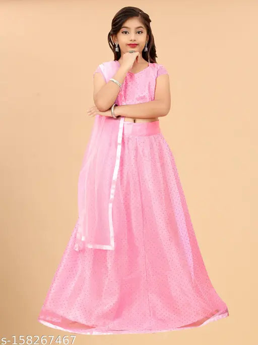 Embellished net Lehenga Cholis for girls aged 7-15 years, Indian handcrafted traditional wear with short sleeves and solid micro dupatta