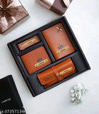 Tan PU customized 4-in-1 gift set (wallet, sunglasses cover, keychain, passport cover) - Sophisticated accessory combo for modern trendsetters, crafted in India