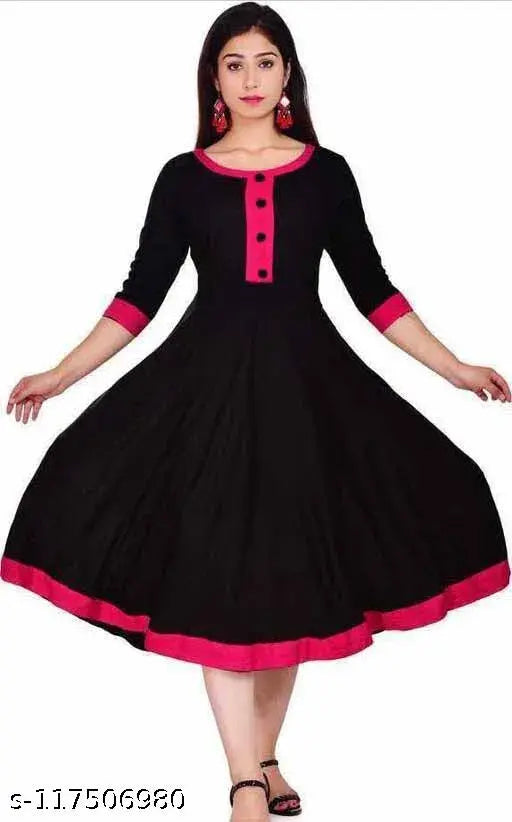 Rayon Anarkali kurti frock, single-colored three-quarter sleeve dress for women, India-made fashion garment on hanger