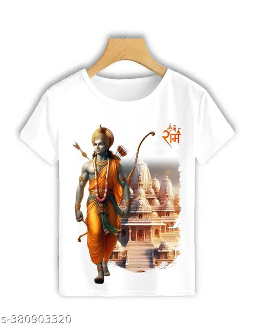 Polyester short sleeves printed Jai Shree Ram t-shirt, featuring AYODHYA RAM and JAI HANUMAN designs, made in India