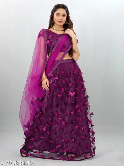 Purple net embroidered semi-stitched Lehenga Choli with quirky dupatta, butterfly embellishments, 42" waist, 42" length, 2.2m dupatta, hand washable, Indian craftsmanship