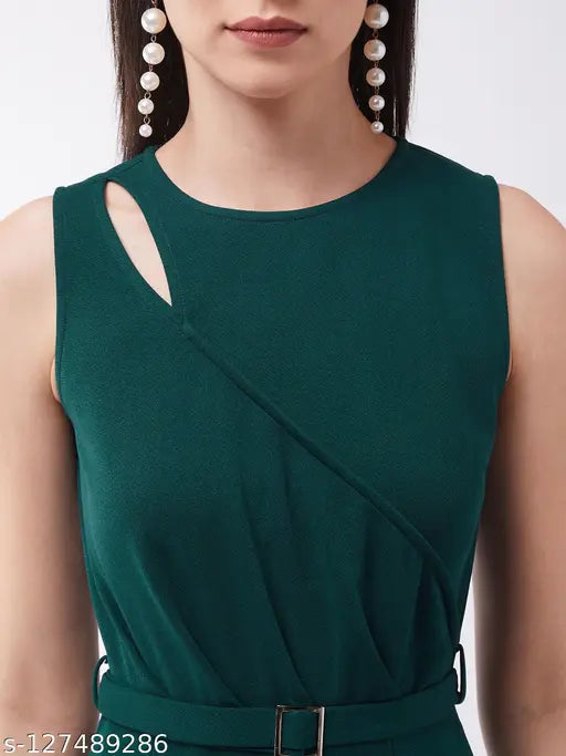 Green polyester Miss Chase women's solid round neck jumpsuit, sleeveless, relaxed fit, zip closure, pockets