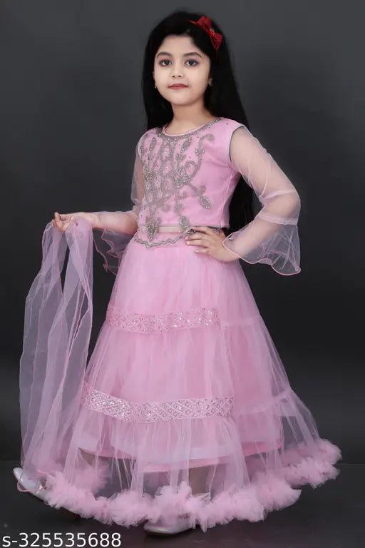 Acrylic sea pink Lehenga Choli for kids with long sleeves, embroidered pattern and net dupatta, self-design stitch type. Indian traditional wear