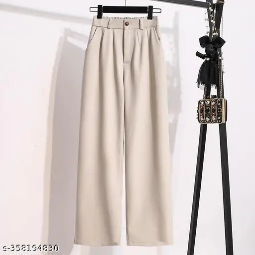Beige pleated button-back baggy office pants