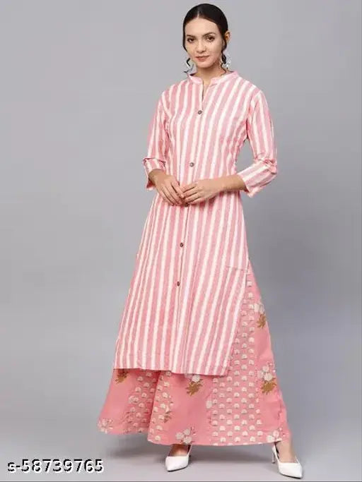 Pink cotton kurta and palazzo set, printed net ethnic wear with straight sleeves and elastic band, easy to maintain