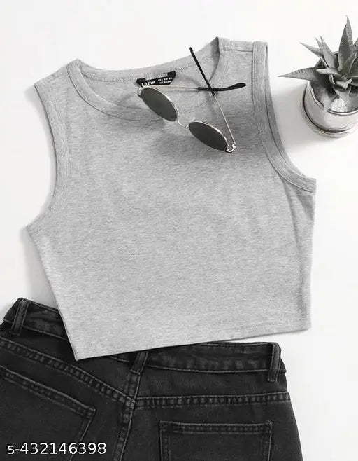 Sleeveless cotton blend crop tank top for women in solid pattern, XS (bust 15in, length 14in)