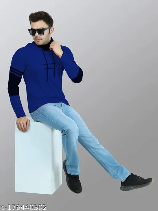 Trending men's polycotton colorblock partywear streetwear mask t-shirt with hooded neck and long sleeves, machine washable for athletic activities