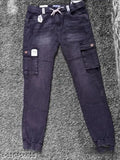 Denim jogger for men, dyed/washed, size 32. Men's denim joggers on a hanger, washed and ready to wear
