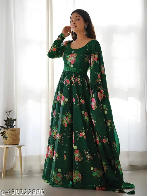 Green Color Ankle Length Full Sleeve Floral Printed Aline Full Flared Designer Latest Indian Gown for Women for Western and Marriage wear under 300 (with Dupatta + Full Inner + Free Belt)