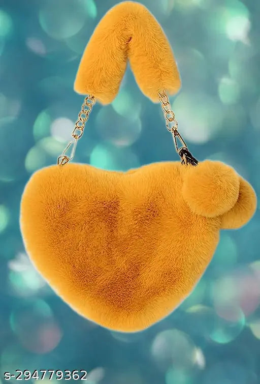 Cute fluffy heart-shaped purse with chain strap, pompoms on both ends