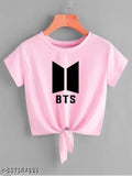 Trendy pink knot crop top & t-shirt for women, BTS printed lycra, short sleeves, size S (32in bust, 18in length)